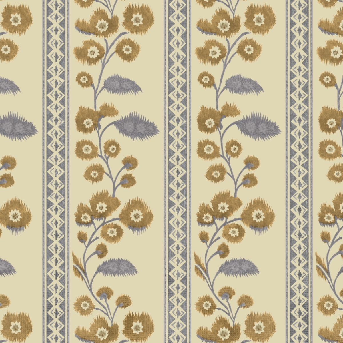 Decorative fabric pattern with floral and geometric designs on a beige background