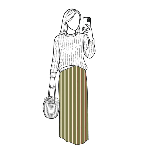 Line drawing of a person taking a selfie with a phone, wearing a white sweater and gold skirt, holding a small bag.