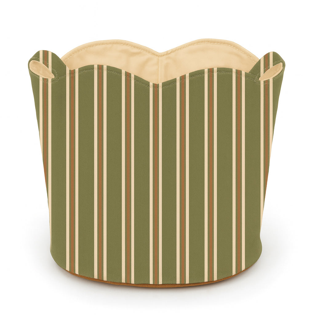 Decorative basket tote bag with green and beige striped pattern on a white background