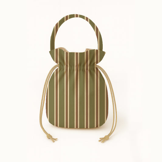 Striped drawstring bag with green and beige pattern on a white background