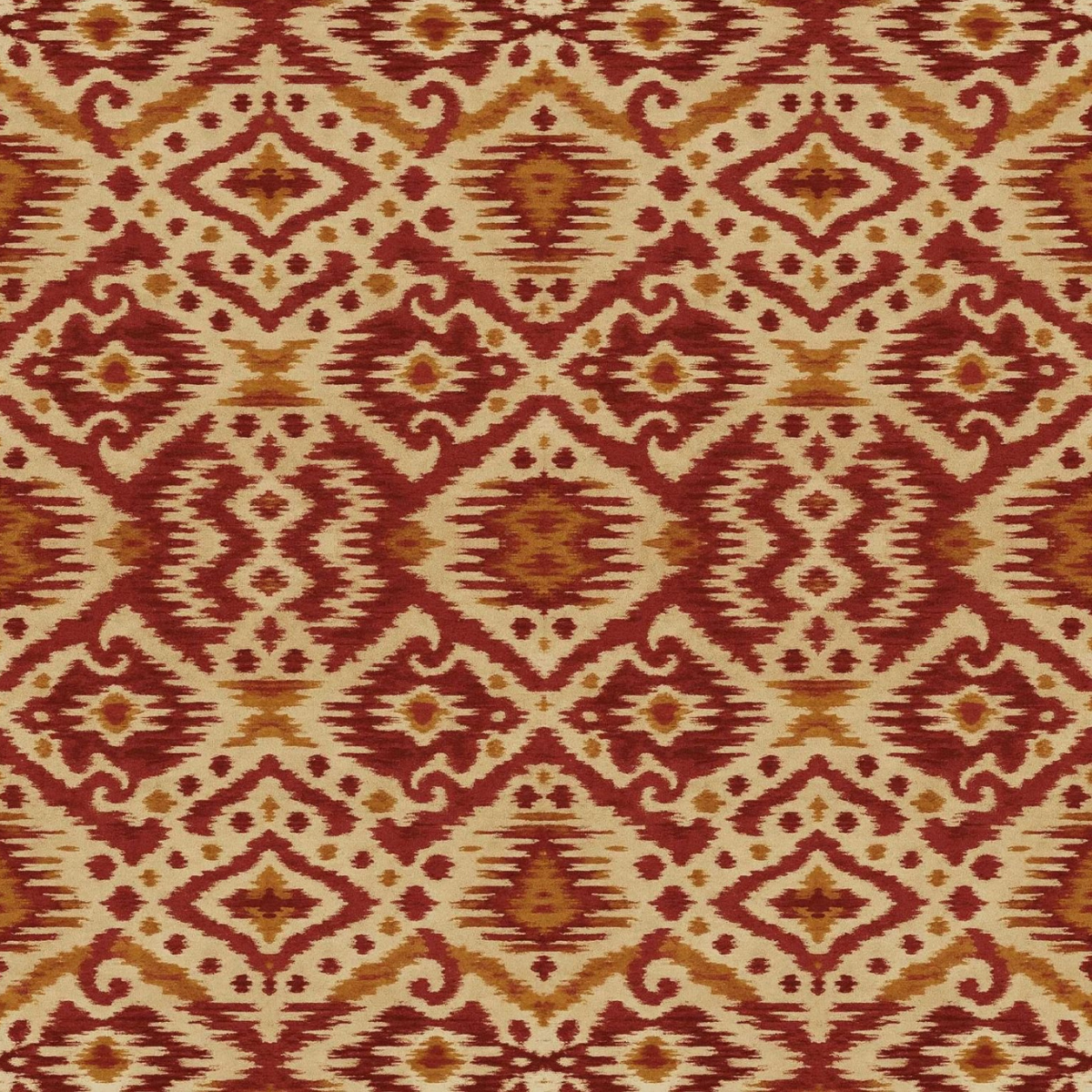 Patterned fabric with red and brown ikat geometric design