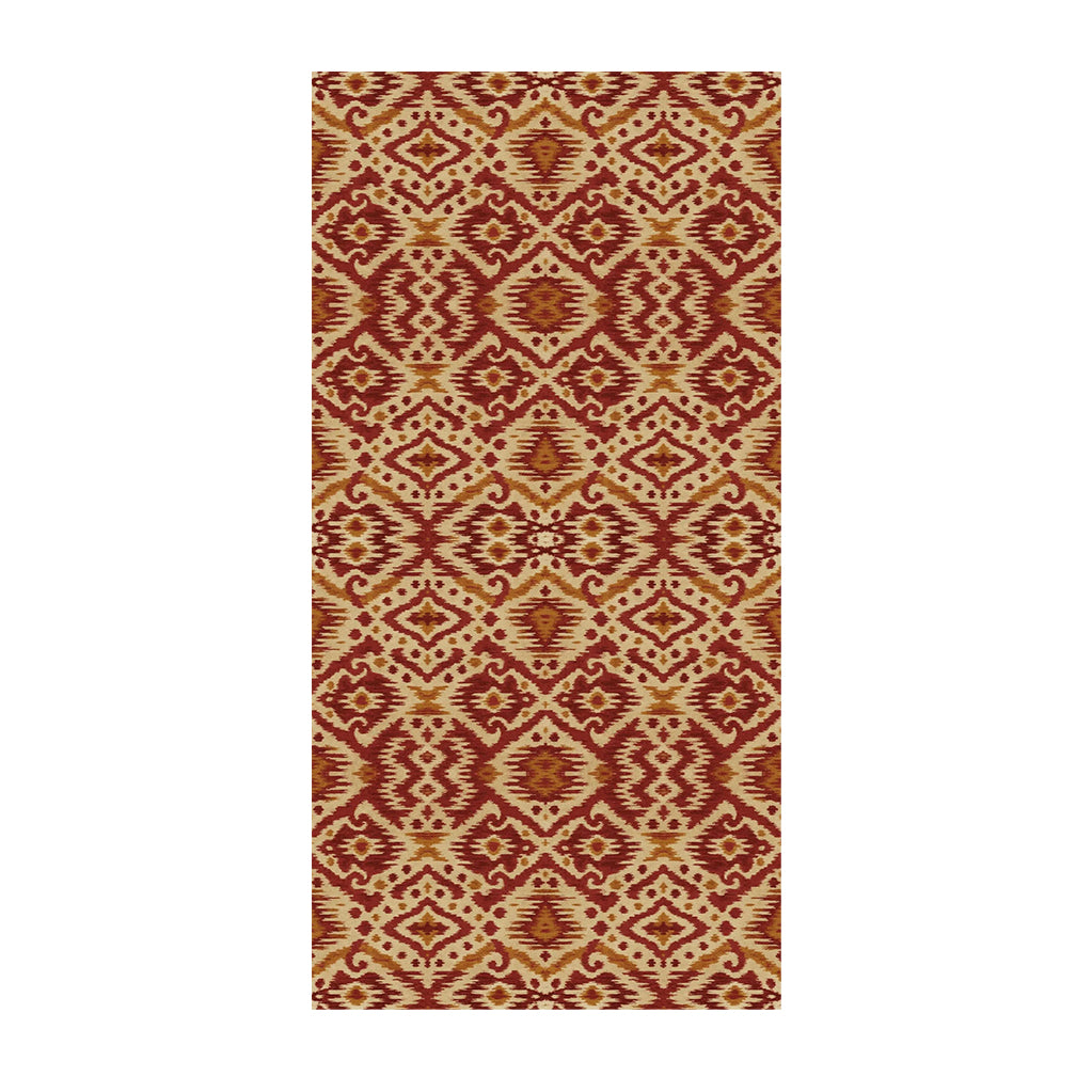 Patterned tablecloth with red and beige ikat pattern on a white background