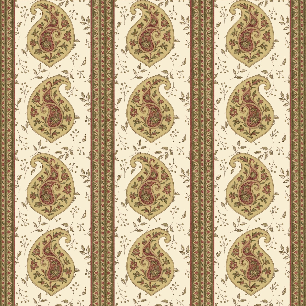 close up on celina napkin patterned fabric with paisley designs and vertical stripes on a beige background