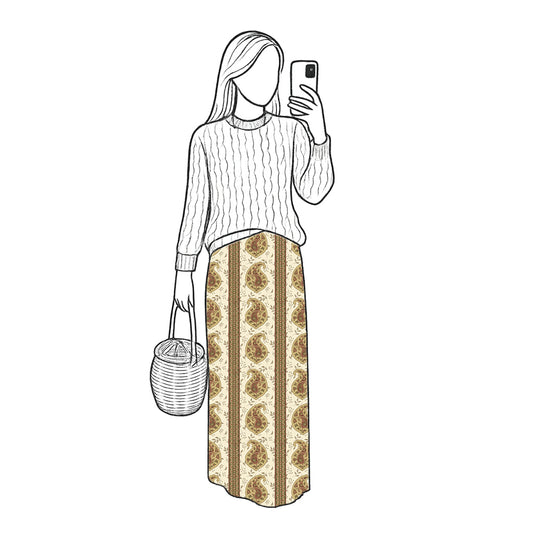 Outline of a person wearing a patterned skirt and holding a phone and bag on a white background