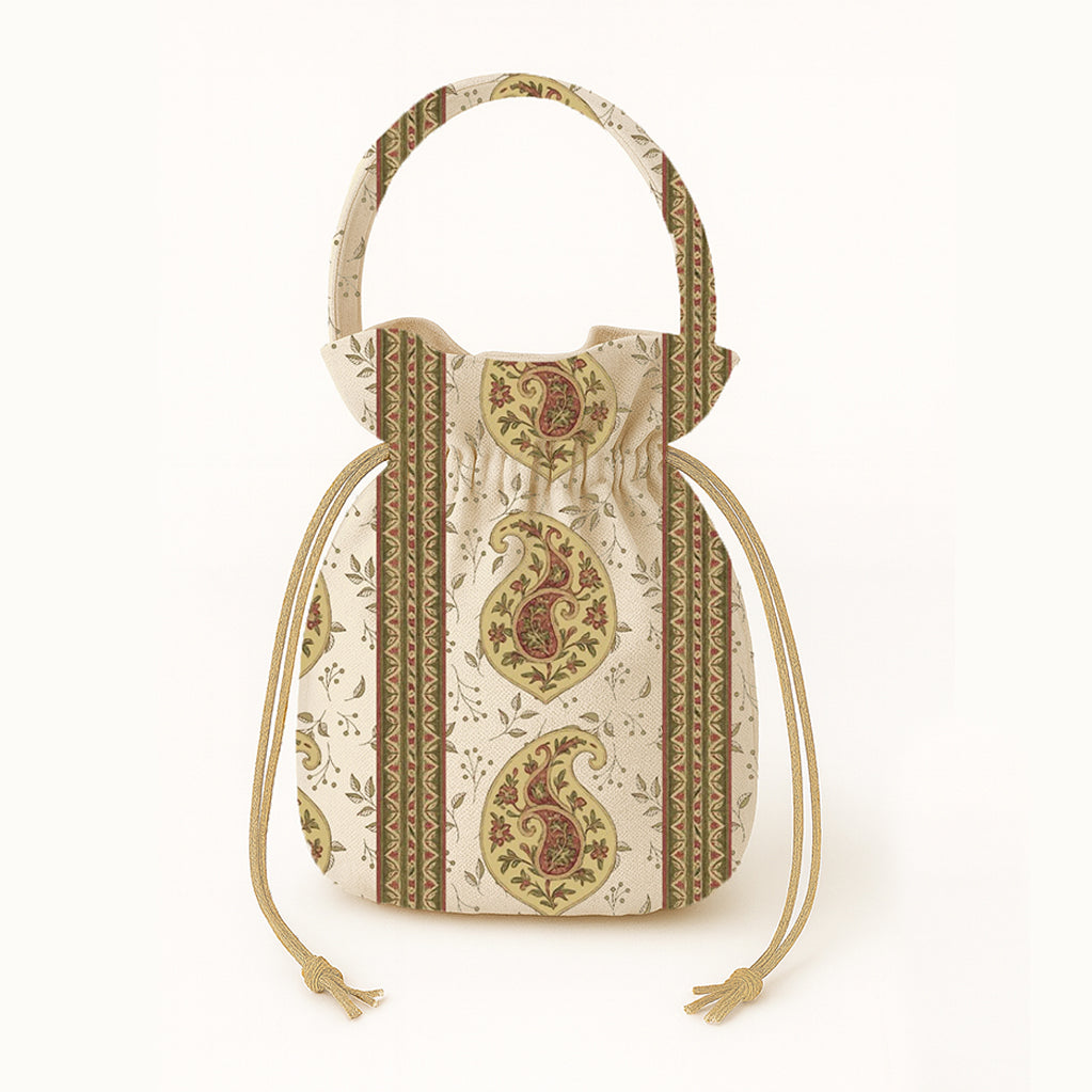 Small fabric pouch with paisley pattern on a white background