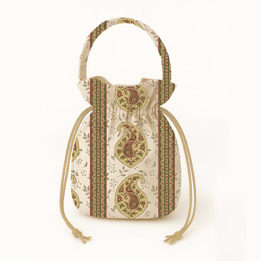 Small fabric pouch with paisley pattern on a white background