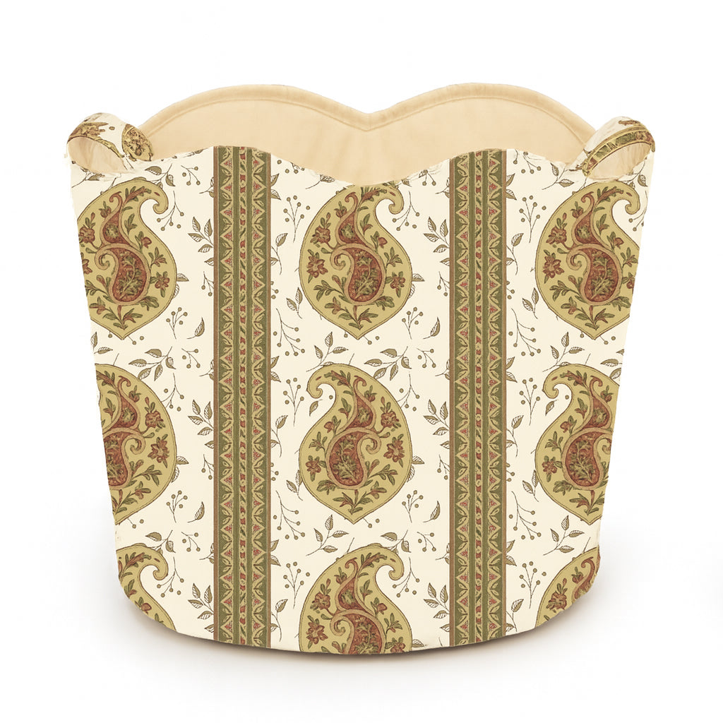 Decorative basket tote bag with paisley pattern on a white background