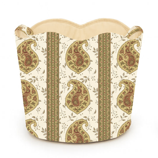 Decorative basket tote bag with paisley pattern on a white background