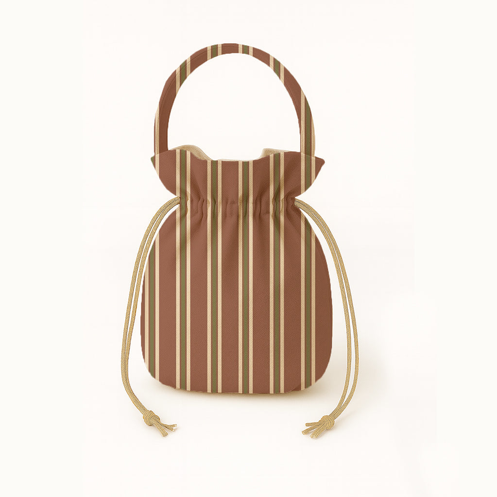 Striped drawstring bag with brown and beige pattern on a white background