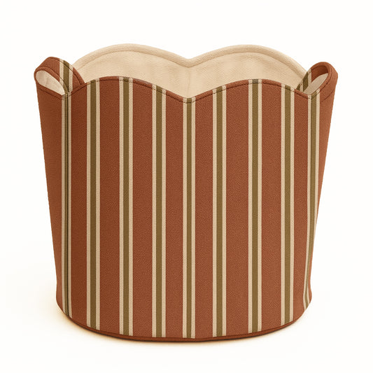 Striped basket tote bag with scalloped edge on a white background