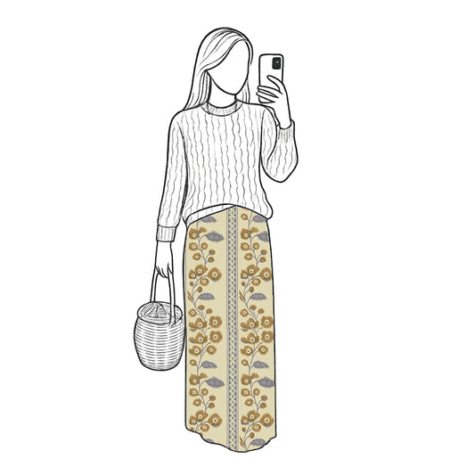 Outline of a person wearing a patterned skirt and holding a bag, taking a mirror selfie.