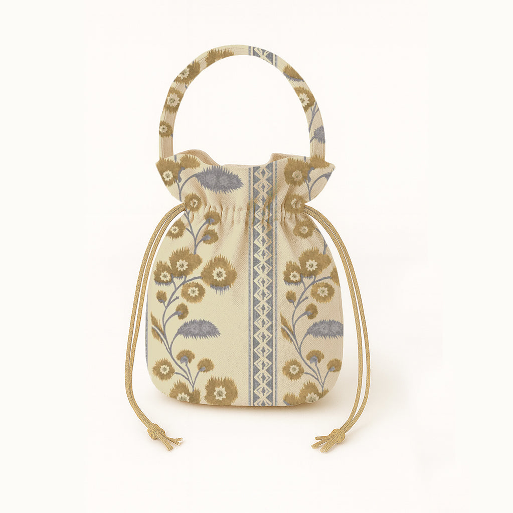 Small drawstring bag with floral pattern on a white background