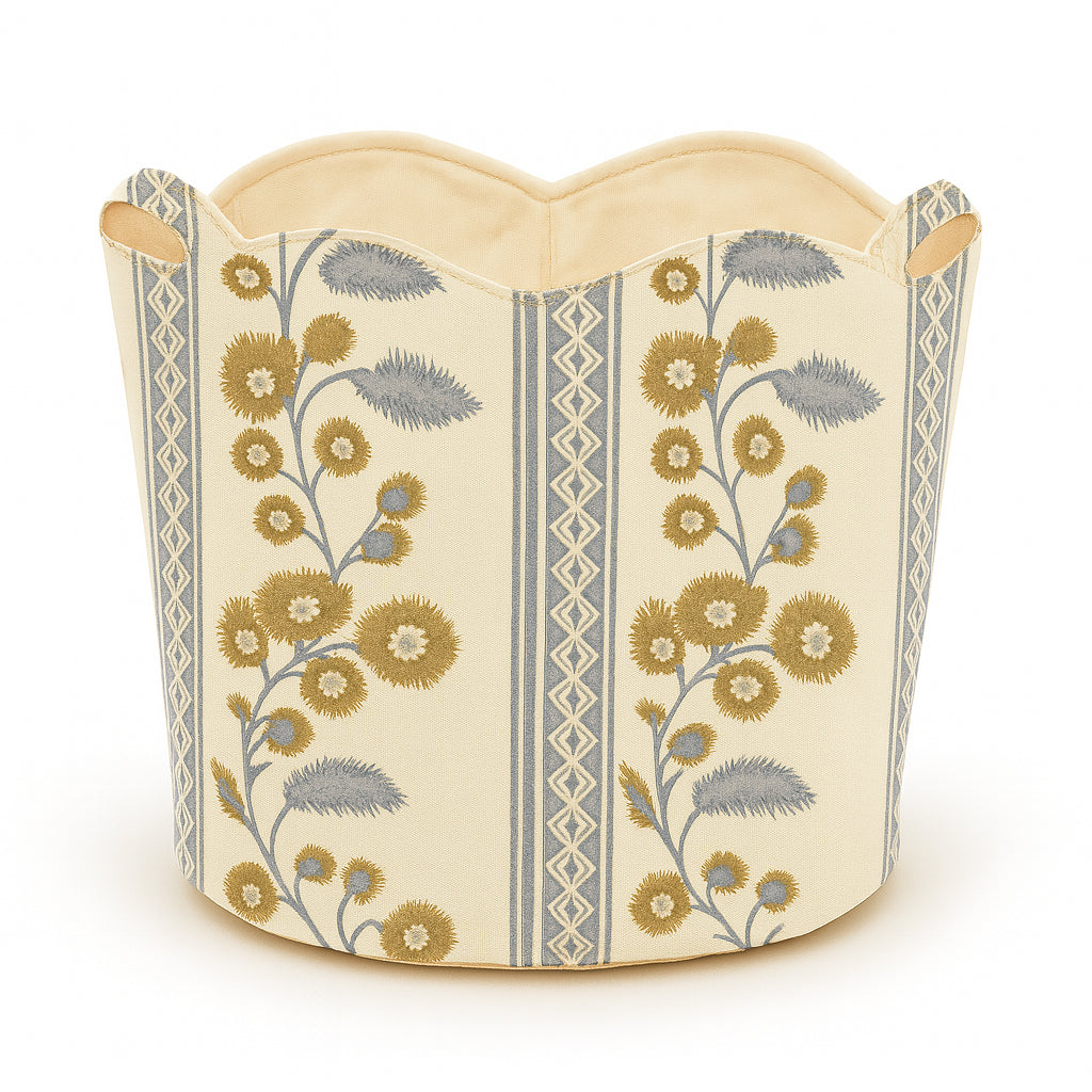 Decorative basket tote bag with floral and geometric pattern on a white background