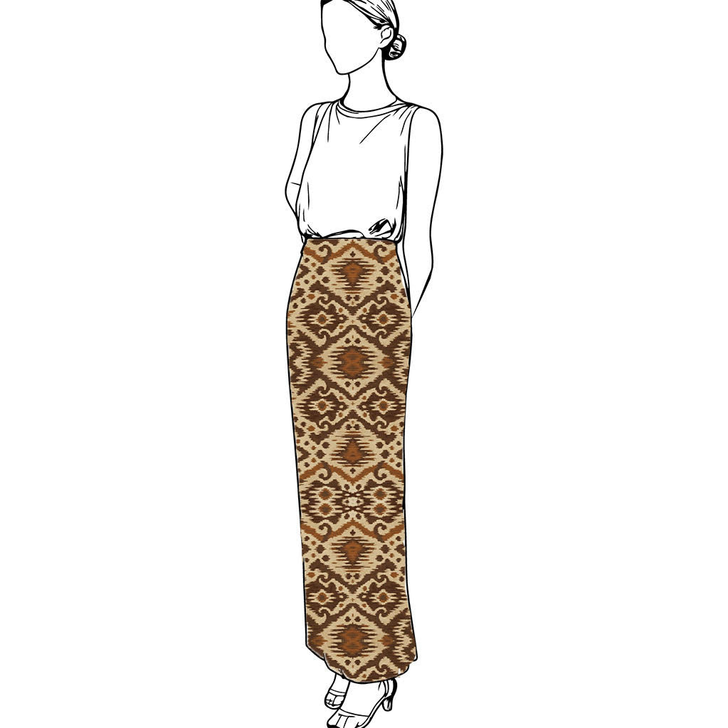 Illustration of a person wearing a patterned skirt on a white background